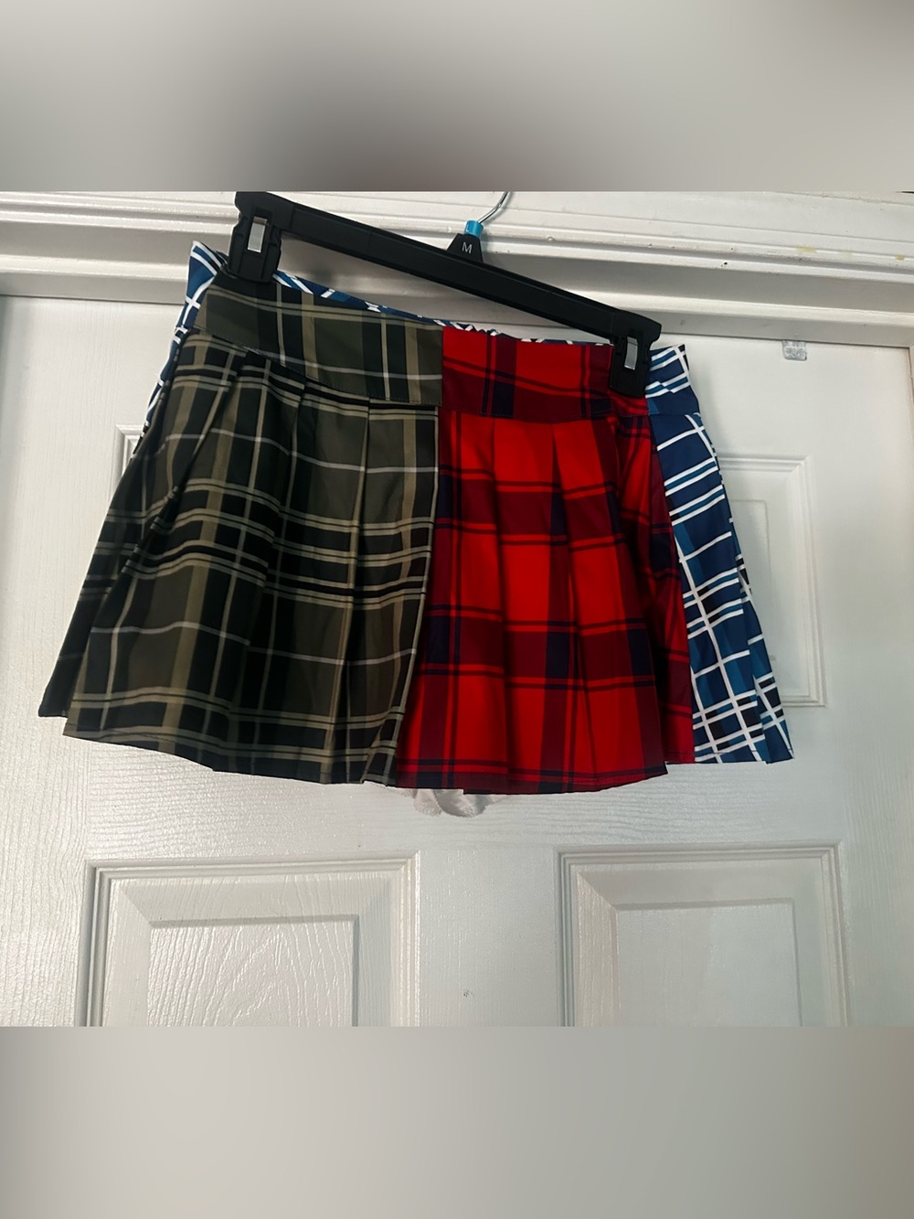 SHEIN Triple-Panel Plaid Pleated Mini Skirt - Olive, Red, Navy